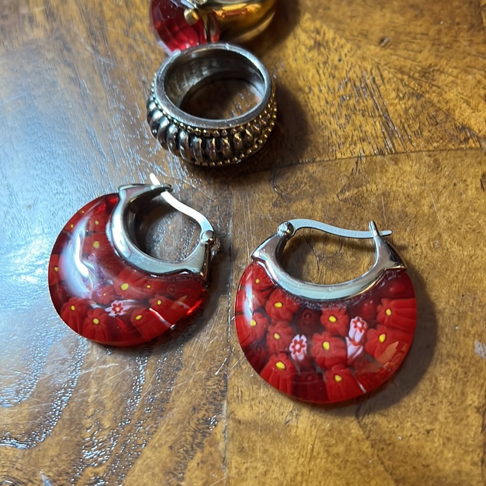 Murano millefiori designed glass FLOWER EARRINGS (large but not heavy!) - Picture 10 of 12